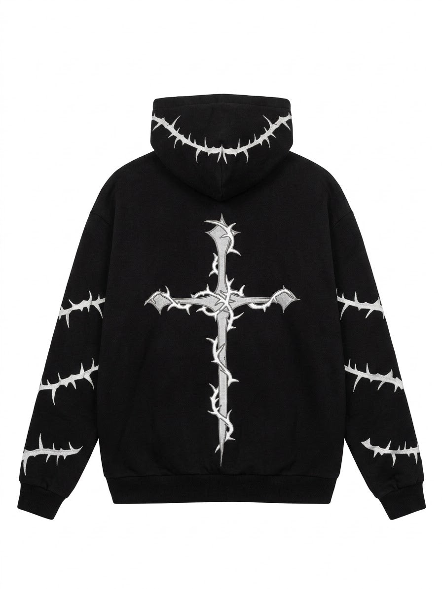 Black pullover hoodie shown from the back, featuring a large white barbed cross graphic on the back, white barbed line details along the hood and both sleeves, and ribbed cuffs and hem.