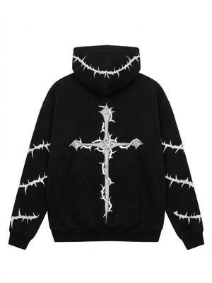Black pullover hoodie shown from the back, featuring a large white barbed cross graphic on the back, white barbed line details along the hood and both sleeves, and ribbed cuffs and hem.